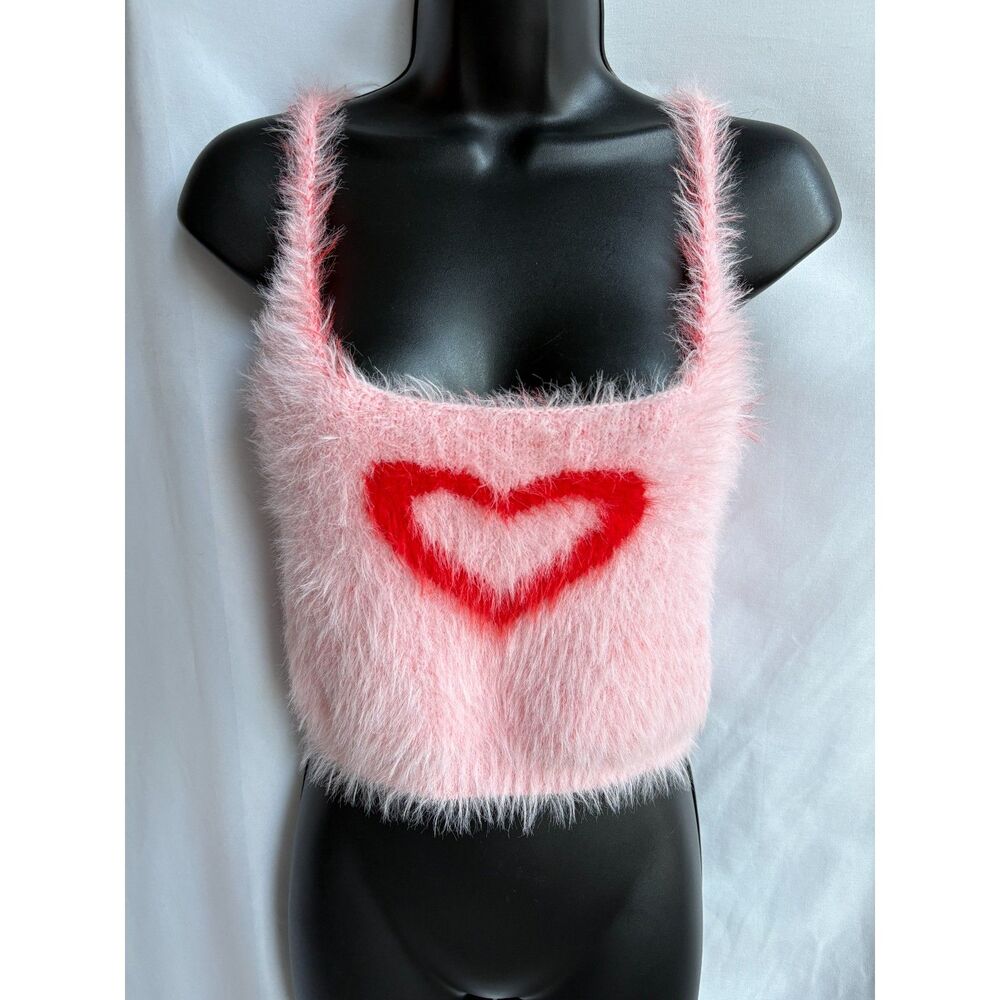 Delia's Fuzzy Pink Heart Tank Crop Top Size S Romantic Girly Cute Barbiecore